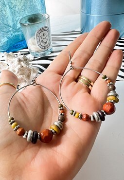 1980's Silver Drop Hoops with Autumnal Toned Beads