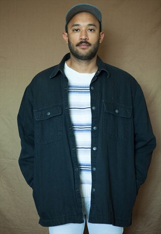 90S SKATER MINIMALIST BLACK CANVAS LINED SHIRT JACKET
