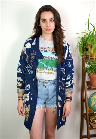 90S VINTAGE BLUE PATTERNED KNIT BUTTON UP CARDIGAN