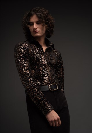MENS BLACK AMUR LEOPARD VELVET ROCK N ROLL SHIRT