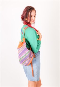 Vintage tapestry embroidered & leather drawstring backpack  
