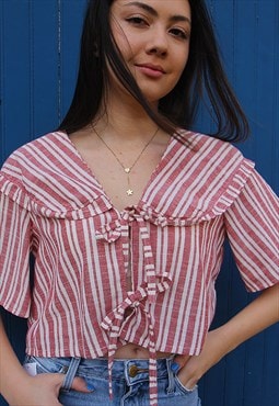 Statement Collar Front Tie Blouse in Red Stripe