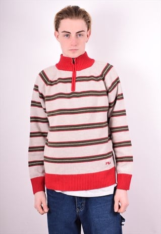 FILA MENS VINTAGE JUMPER SWEATER LARGE GREY STRIPES 90'S