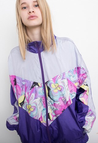 VINTAGE PURPLE SPORTS JACKET FLOWER PRINT LIGHT WINDBREAKER