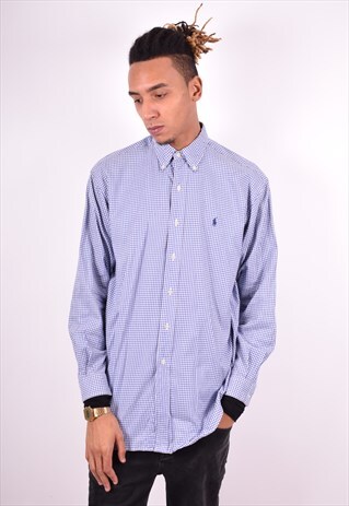 RALPH LAUREN MENS VINTAGE SHIRT MEDIUM BLUE CHECK 90'S