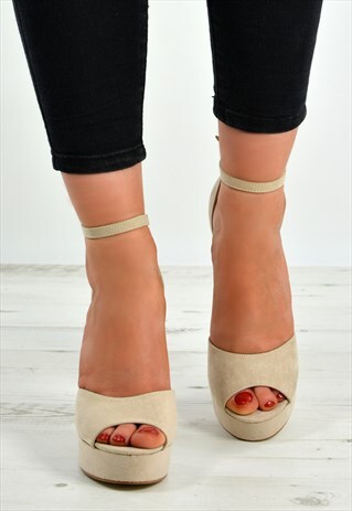 NUDE FLORAL PLATFORMS HIGH BLOCK HEEL ANKLE STRAP SANDALS