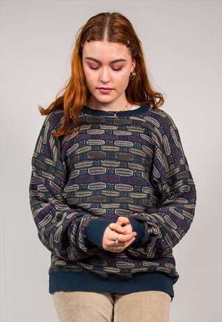 VINTAGE 90'S BLUE STITCH PATTERN OVERSIZED KNIT JUMPER