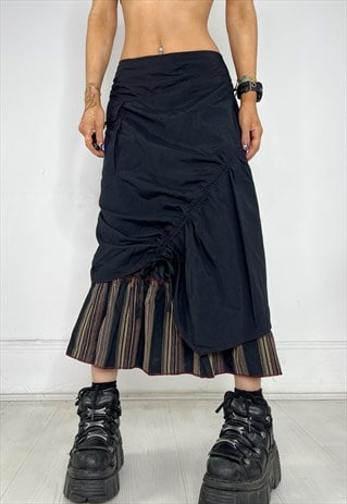 VINTAGE 90S MIDI SKIRT TEXTURED LAYERED GRUNGE GOTH RUCHED