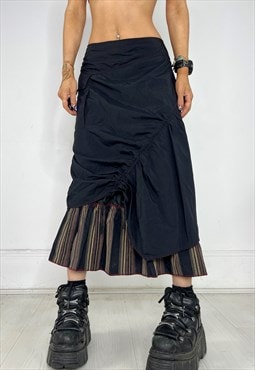 Vintage 90s Midi Skirt Textured Layered Grunge Goth Ruched