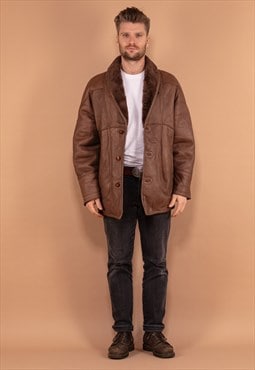 Vintage 80's Men Shearling Leather Coat in Brown