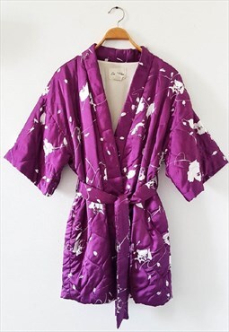 80s Diamond Tea Gown Purple Floral Kimono Robe