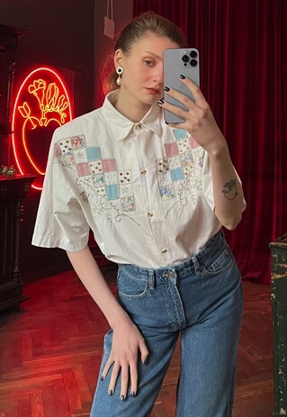  SHORT SLEEVE EMBROIDERED SHIRT WITH PATCHWORK