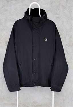 Fred Perry Black Parka Jacket Fleece Lined Hooded Nylon  L