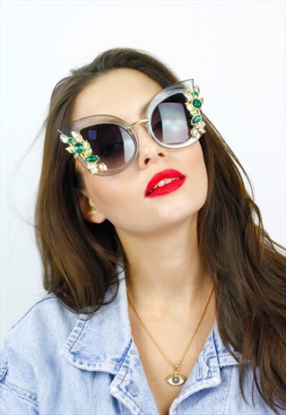 GREY JEWEL CATS EYE OVERSIZED SUNGLASSES