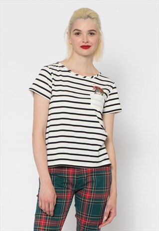 BLACK AND WHITE STRIPED PIRATE CAT TEE