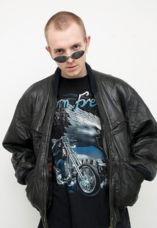 VINTAGE LEATHER JACKET BLACK BRONZE BOMBER SILHOUETTE 90S