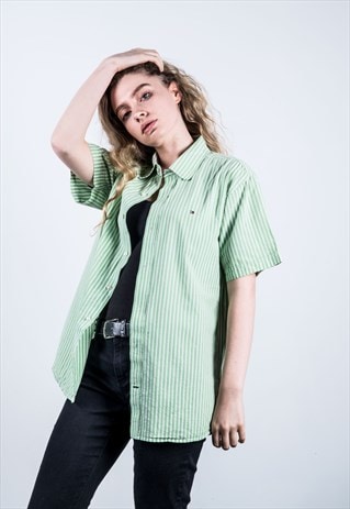 TOMMY HILFIGER VINTAGE 1990S GREEN AND WHITE STRIPED SHIRT