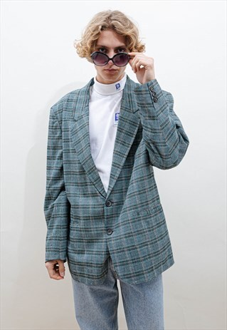 VINTAGE 80S MULTICOLOR CHECK RELAXED FIT BUTTON UP BLAZER L 