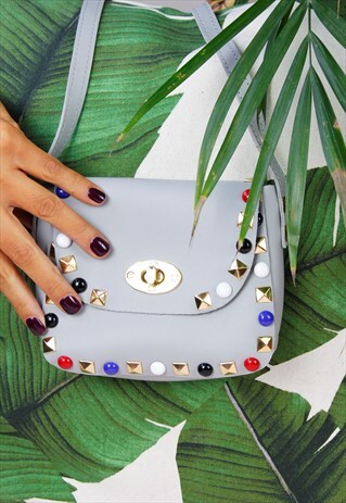 GREY MULTI COLOUR STUDDED MINI CROSS BODY BAG