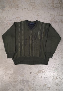 Vintage Abstract Knitted Jumper Green Patterned Grandad 