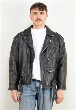 Vintage 90's Men Leather Biker Jacket in Black