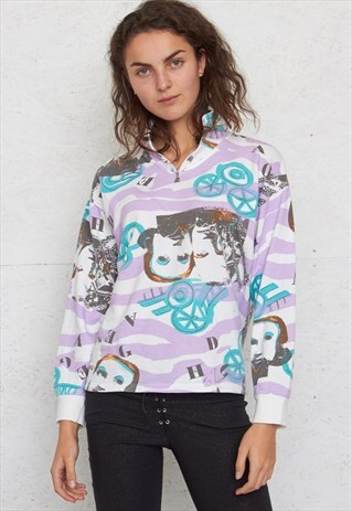 VINTAGE WHITE PURPLE BLUE 1/4 ZIP PULLOVER SWEATSHIRT