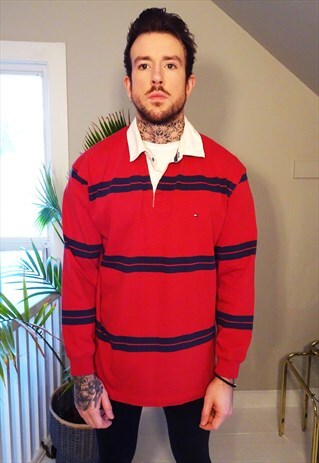 RED AND BLUE STRIPED POLO 1/4 BUTTON UP JUMPER