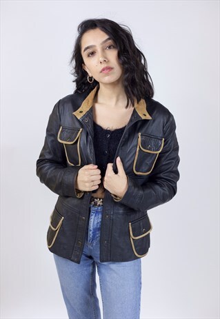 VINTAGE 90S BLACK LEATHER WITH BROWN DETAIL JACKET