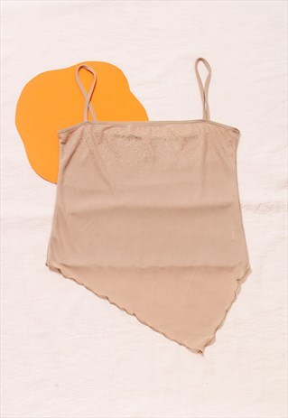 VINTAGE TOP Y2K ASYMMETRIC LETTUCE HEM TOP IN BEIGE
