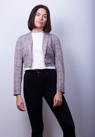 CROPPED TARTAN BUTTON BLAZER