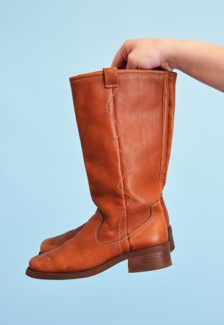 VINTAGE 90'S GOES 70'S RETRO REAL LEATHER COWBOY BOOTS