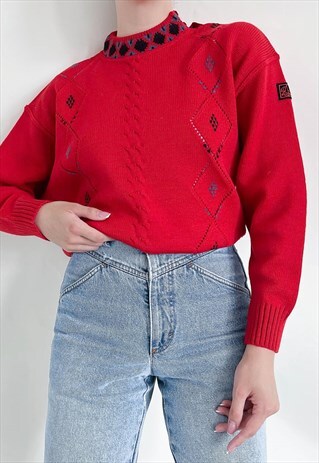 VINTAGE 90S BOXY CONTRAST NECK KNITTED WOOL JUMPER IN RED M