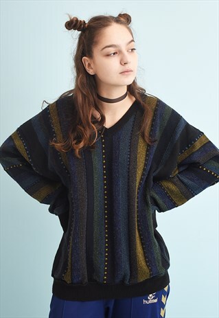 80'S RETRO STRIPED PATTERN JAZZY OVERSIZED DADS KNIT JUMPER
