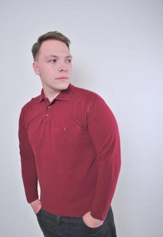VINTAGE MEN MINIMALIST RED LONG SLEEVE POLO WITH POCKET