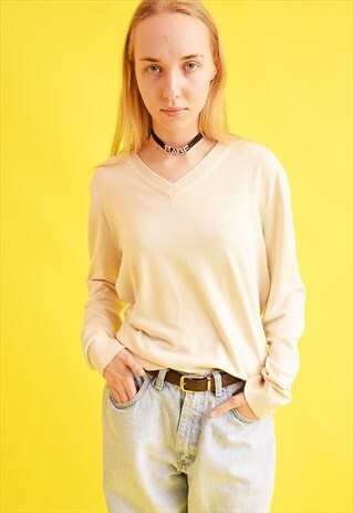 90'S RETRO NEUTRAL OFF-WHITE KNIT JUMPER TOP