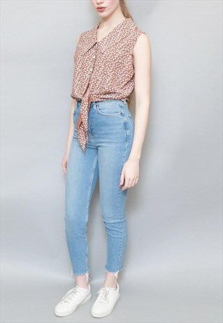 VINTAGE 1990'S BROWN LEAF PRINT TIE UP CROP SHIRT