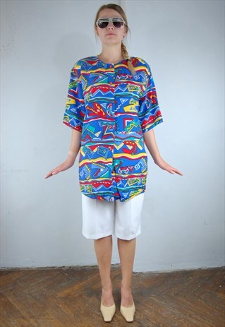 VINTAGE 90'S BRIGHT ABSTRACT SLIP FUNKY FESTIVAL BAGGY SHIRT