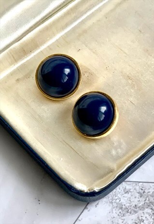 80S NAVY & GOLD ROUND EARRINGS CHIC VINTAGE JEWELLERY