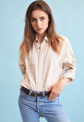 90'S RETRO HUGO BOSS NEUTRAL THIN DENIM OVERSIZED SHIRT TOP