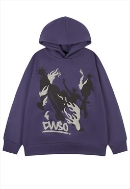 Punk head hoodie patchwork pullover raver jumper in purple