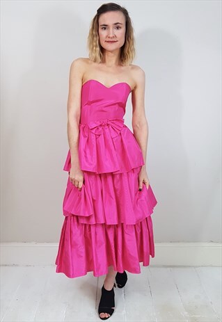 VINTAGE 80'S HOT PINK STRAPLESS TIERED RUFFLE TAFFETA DRESS
