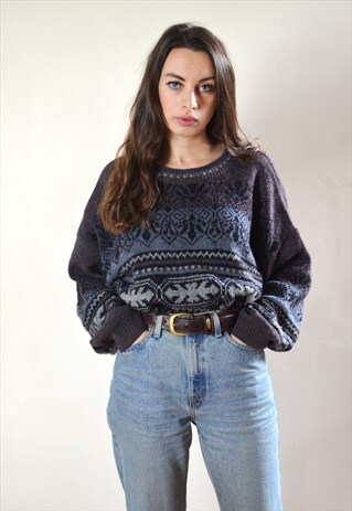 80S VINTAGE PURPLE & BLUE PATTERN KNIT JUMPER