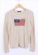 Vintage Ralph Lauren Knitted Jumper Cream With US Flag Print