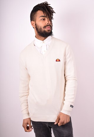 ELLESSE MENS VINTAGE JUMPER SWEATER LARGE WHITE 90S