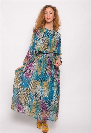 BLUE LEOPARD FLORAL PRINT CHIFFON LONG SLEEVES MAXI DRESS