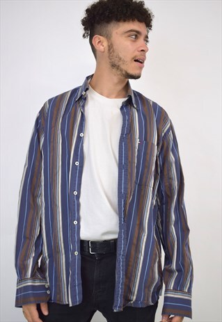 VINTAGE 90S TOMMY HILFIGER BROWN BLUE STRIPE SHIRT
