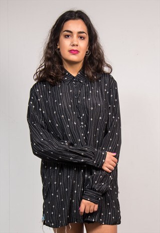 90'S VINTAGE BLACK PATTERN OVERSIZE SHIRT BLOUSE