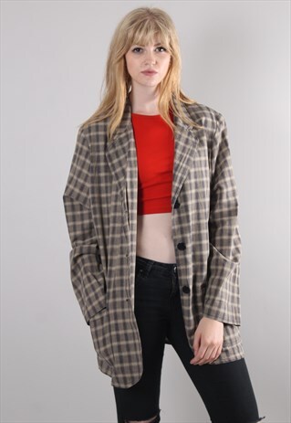 VINTAGE 80S BEIGE CHECK TEXTURED BLAZER JACKET