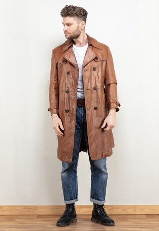 VINTAGE MEN 90S LEATHER COAT IN BROWN