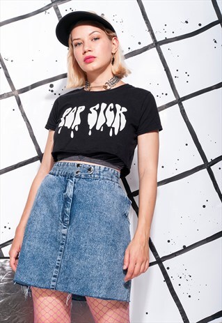 VINTAGE DENIM SKIRT 80S ACID WASHED CROP HIGH-WAISTED MINI